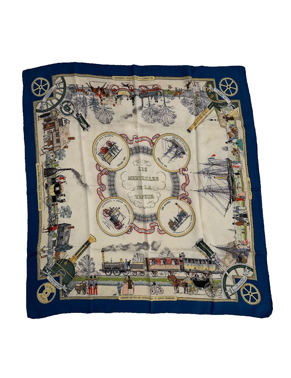 Foulard HERMES "Les merveilles de la vapeur" en soie bleue et beige