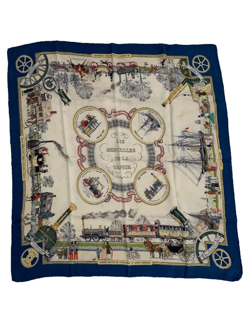 Foulard HERMES "Les merveilles de la vapeur" en soie bleue et beige