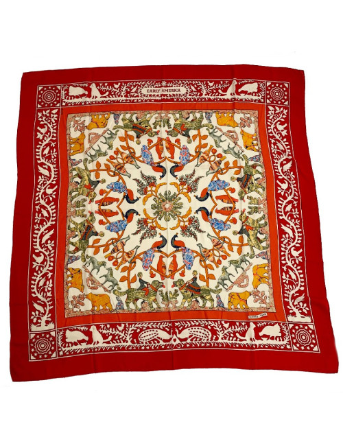 Scarf HERMES cashmere and silk red, white and multi-colored patterns