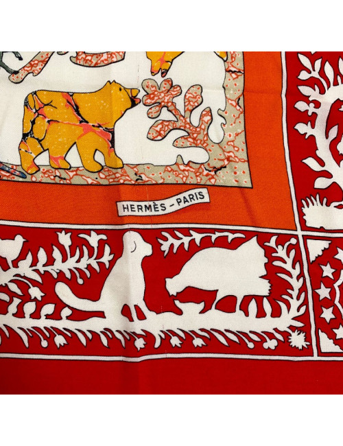 Scarf HERMES cashmere and silk red, white and multi-colored patterns