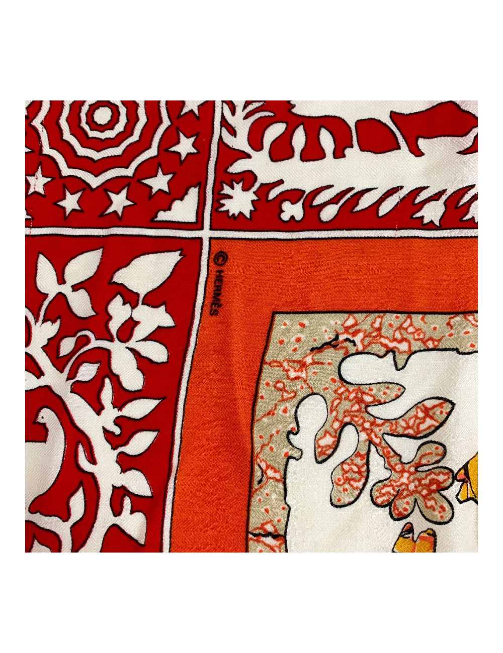 Scarf HERMES cashmere and silk red, white and multi-colored patterns