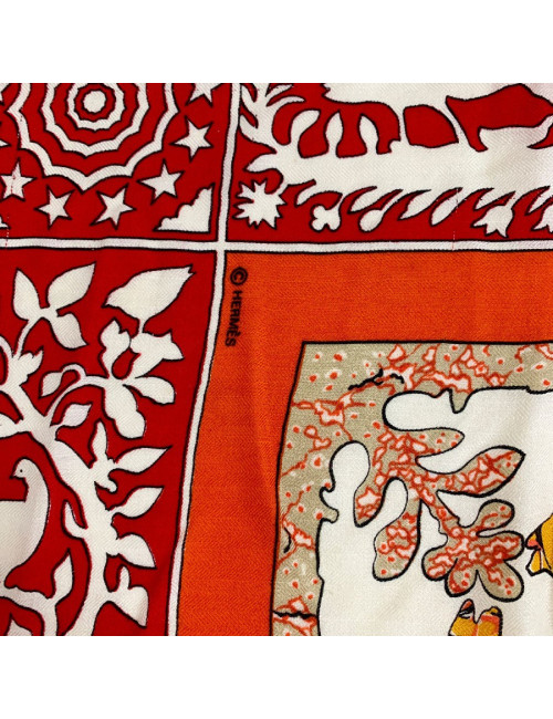 Scarf HERMES cashmere and silk red, white and multi-colored patterns