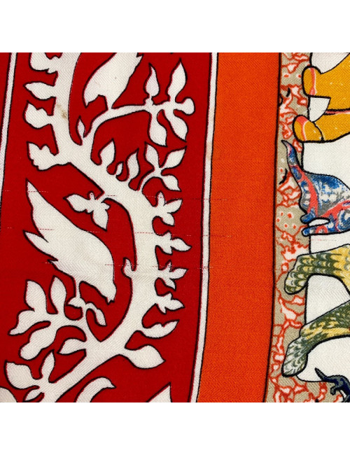Scarf HERMES cashmere and silk red, white and multi-colored patterns