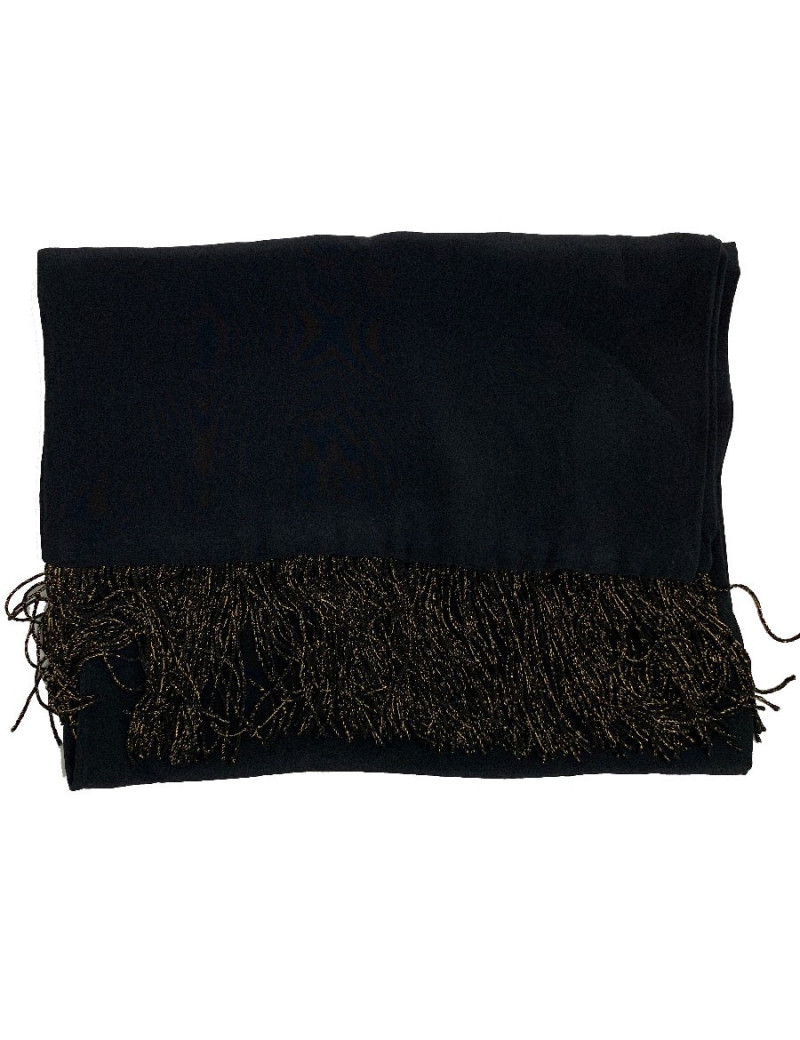 Echarpe YVES SAINT LAURENT vintage soie noire à franges dorées et noires
