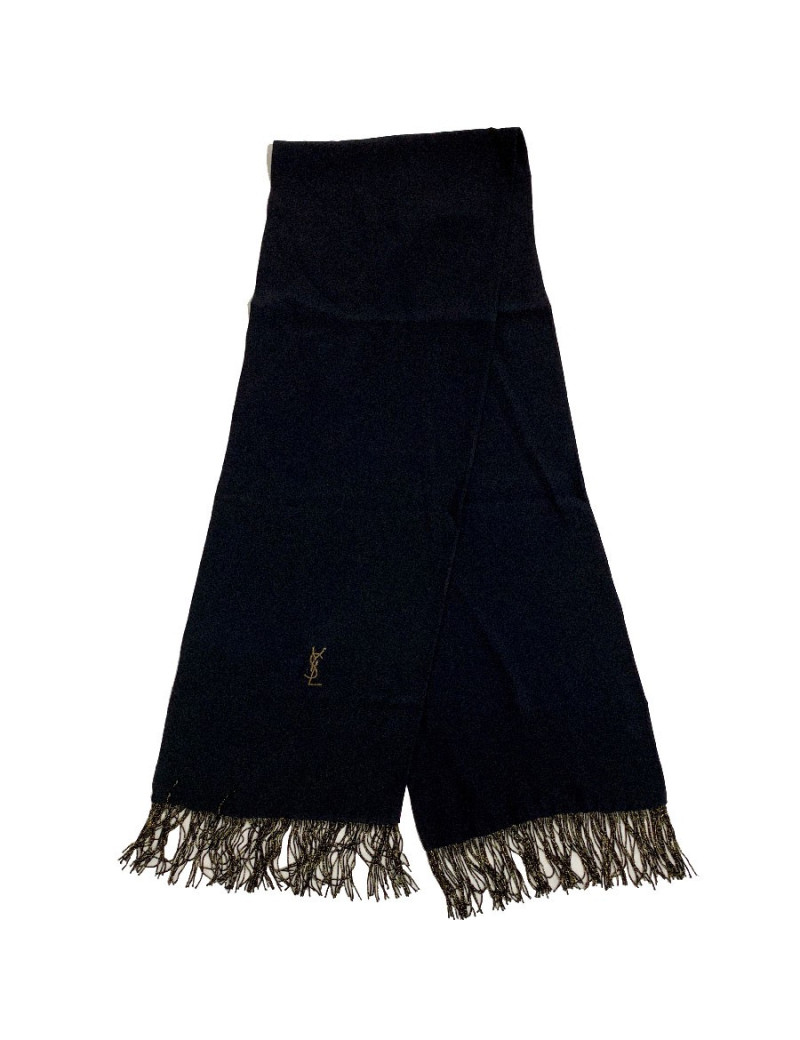 Echarpe YVES SAINT LAURENT noire vintage en soie et franges noires et dorées