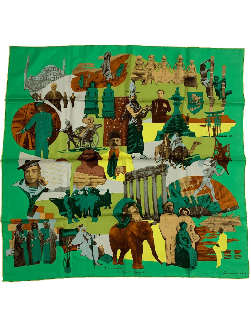 Carré HERMES Pierre Loti ou l'âme voyageuse' en soie verte 