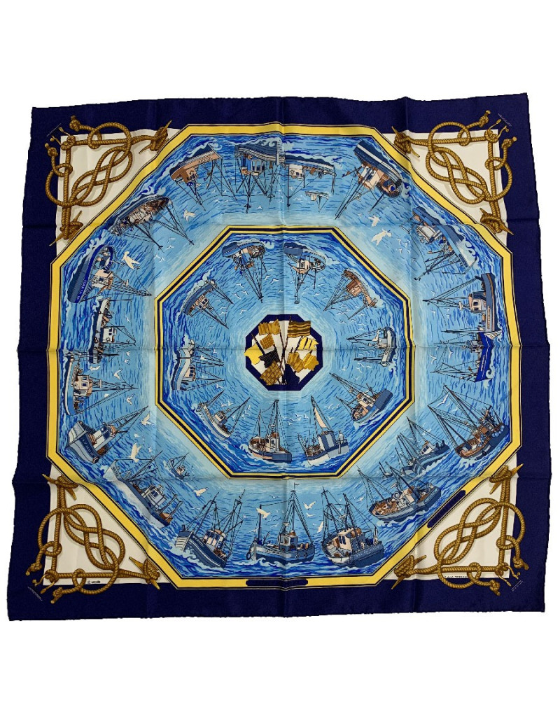 Foulard soie HERMES 'Retour de Pêche' en soie bleue