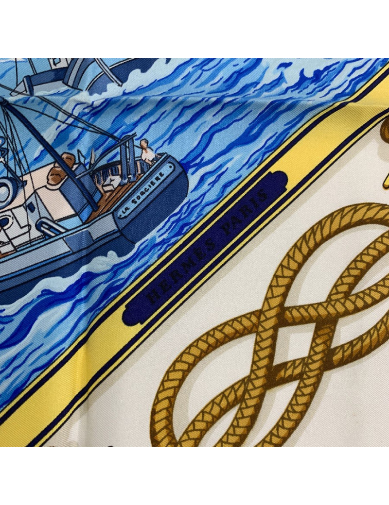 Foulard soie HERMES 'Retour de Pêche' en soie bleue
