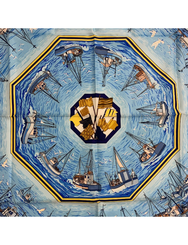 Carré 90 x 90 HERMES soie 100 % "Retour de pêche"