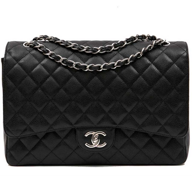 CHANEL maxi Jumbo double flap bag in black quilted caviar leather - VALOIS  VINTAGE PARIS