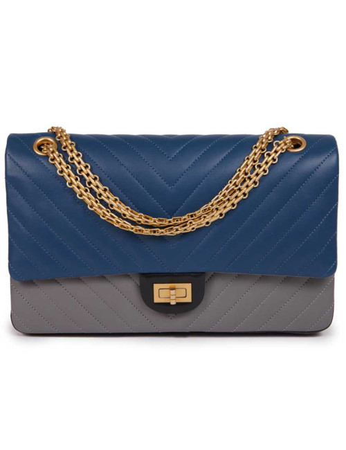 Sac CHANEL 2.55 chevron cuir tricolore bleu gris noir