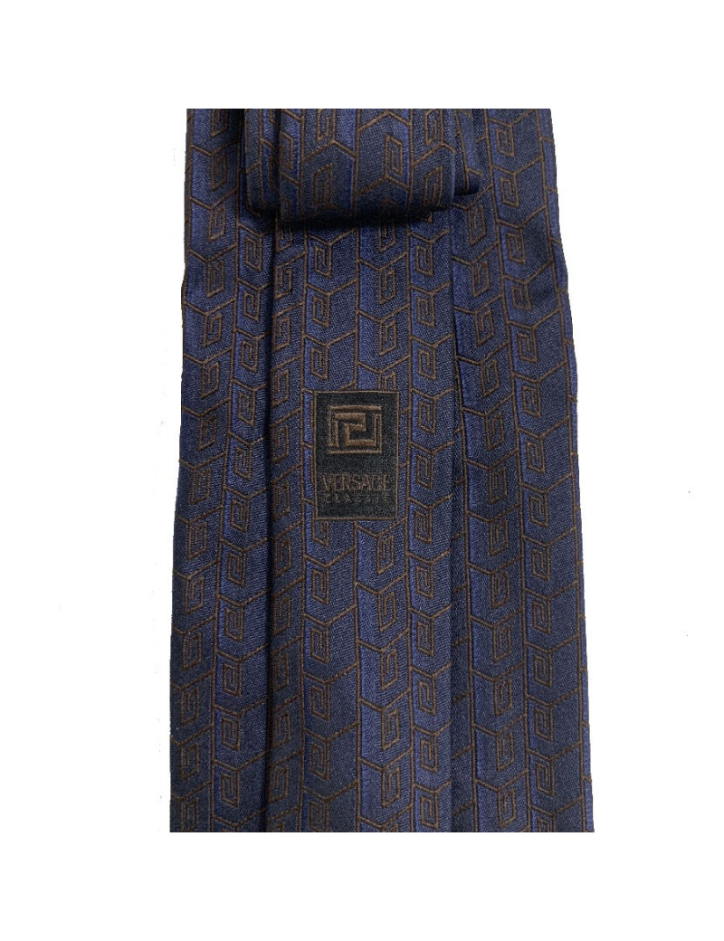 Cravate VERSACE 100% soie bleue motifs VERSACE marrons