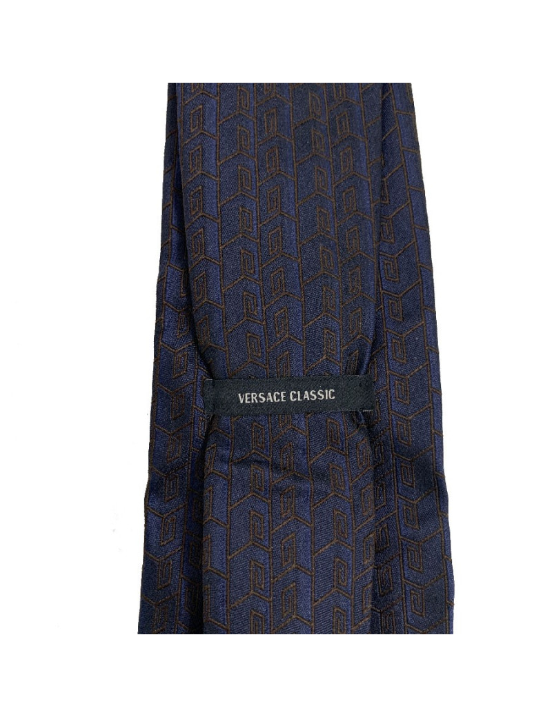 Cravate VERSACE 100% soie bleue motifs VERSACE marrons