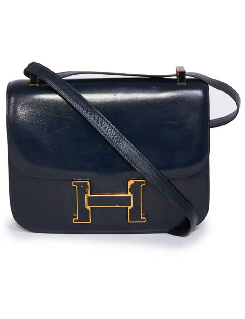 Sac Constance HERMES cuir box bleu