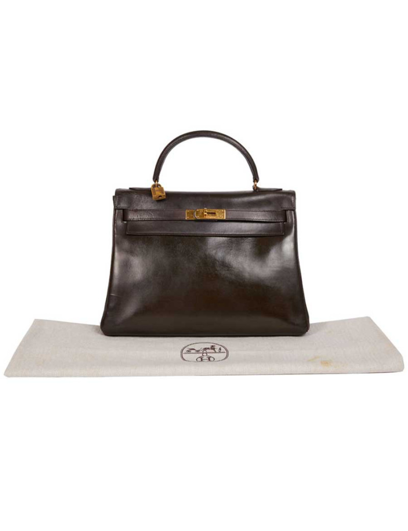 Sac Kelly 32 HERMES cuir box marron fermoir doré