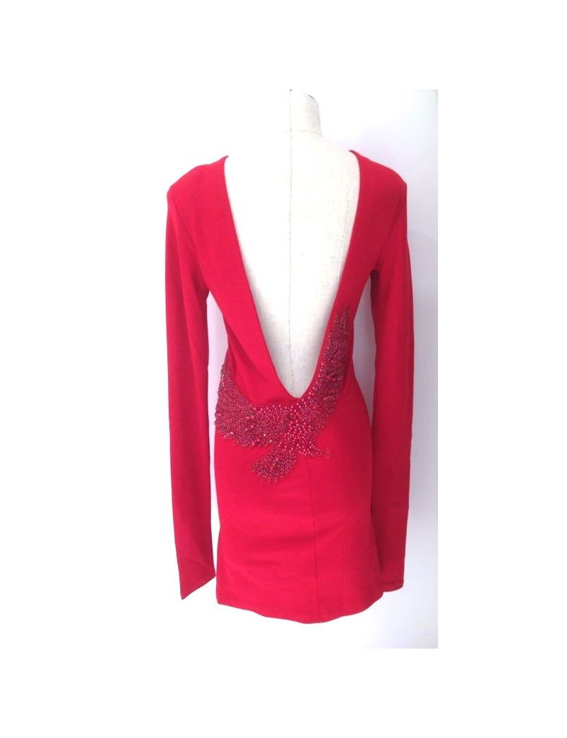 Robe BALMAIN dos nu en jersey coton rouge, perles et strass