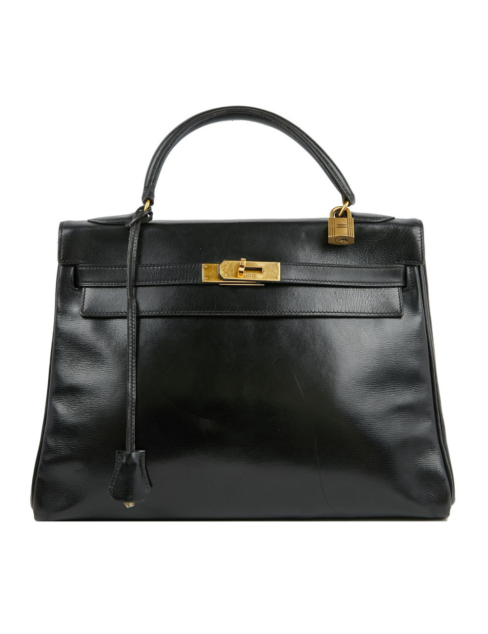 Sac Kelly 32 HERMES cuir box noir Vintage