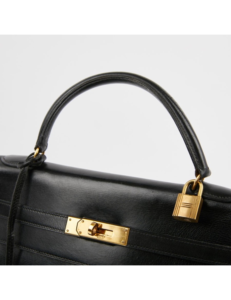 Sac Kelly 32 HERMES cuir box noir  Vintage