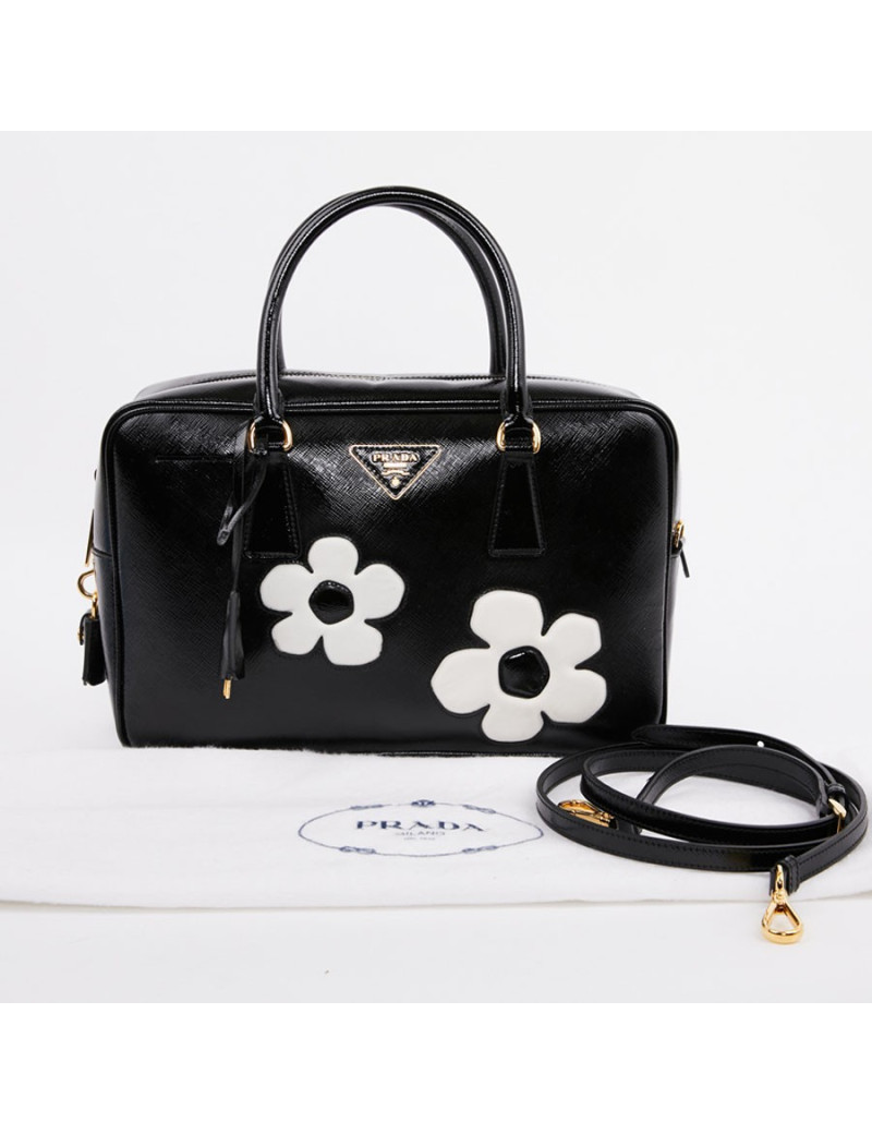 Sac PRADA cuir Saffiane verni noir