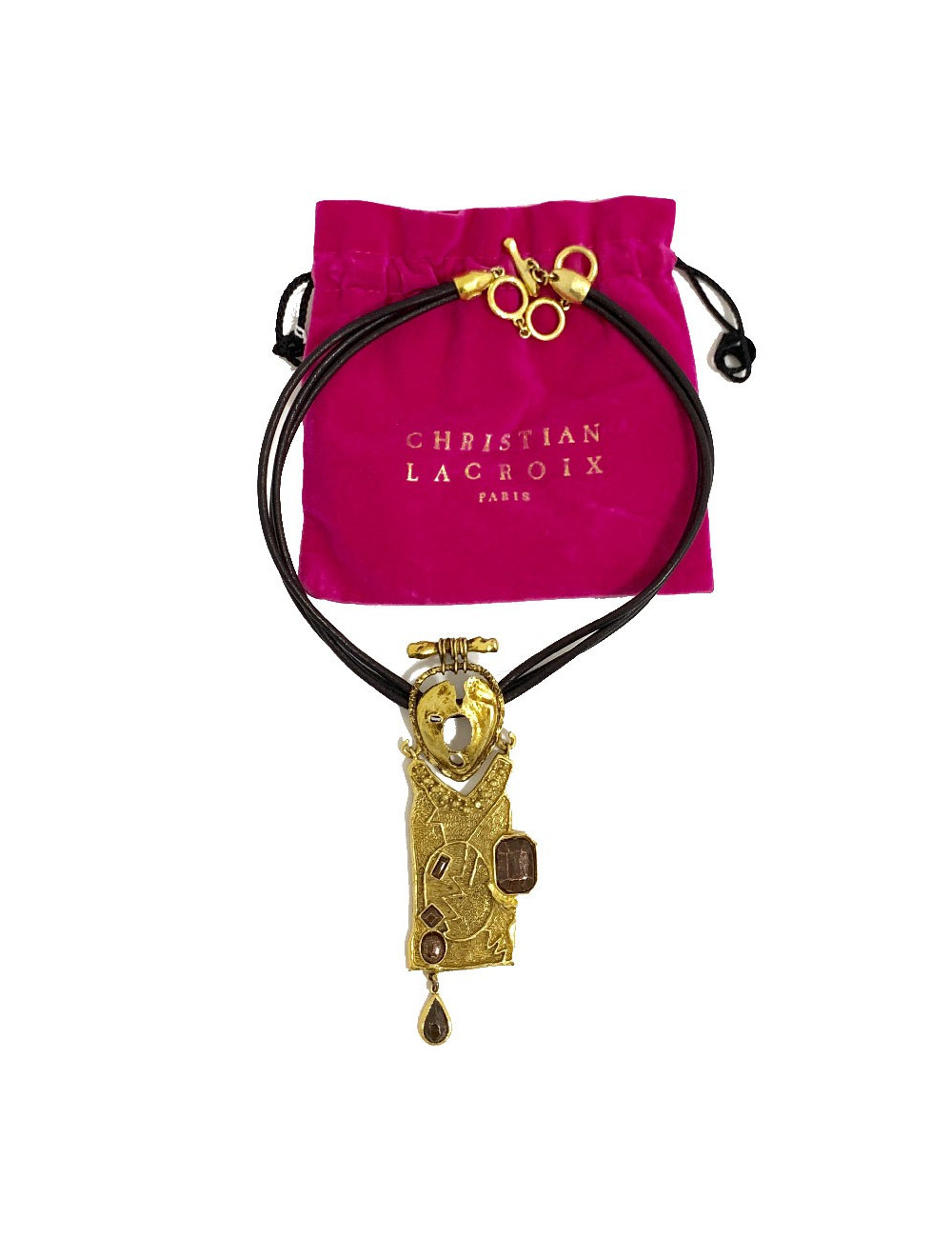 Collier CHRISTIAN LACROIX Vintage en cuir marron et pendentif doré