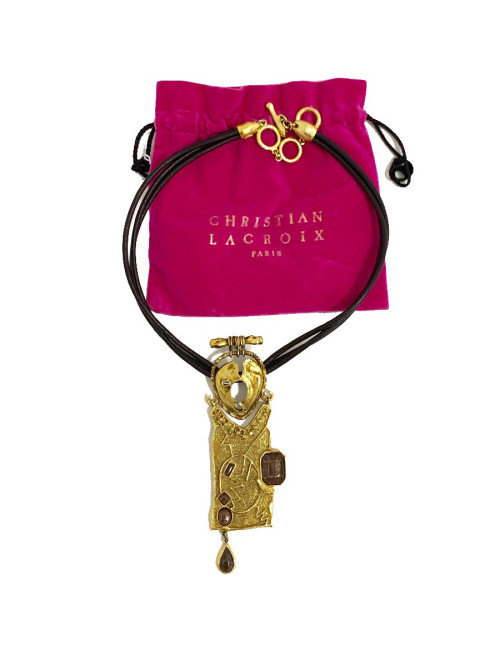 Collier CHRISTIAN LACROIX Vintage en cuir marron et pendentif doré