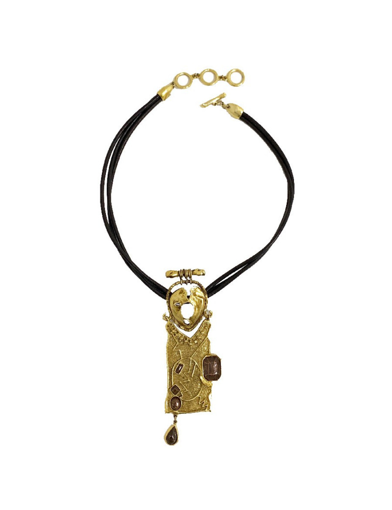 Collier CHRISTIAN LACROIX Vintage en cuir marron et pendentif doré