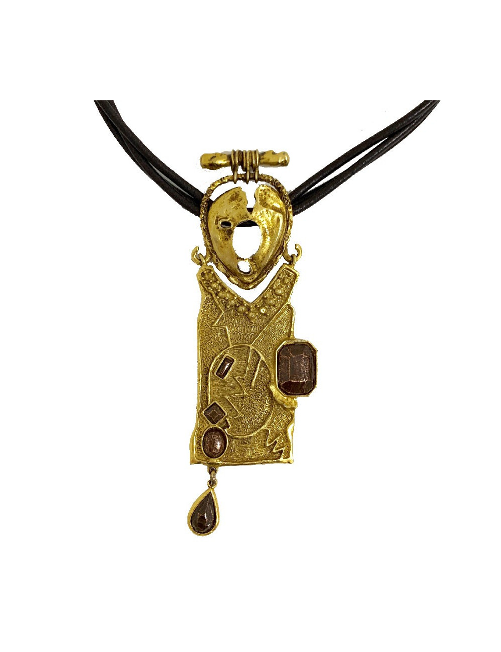 Collier CHRISTIAN LACROIX Vintage en cuir marron et pendentif doré
