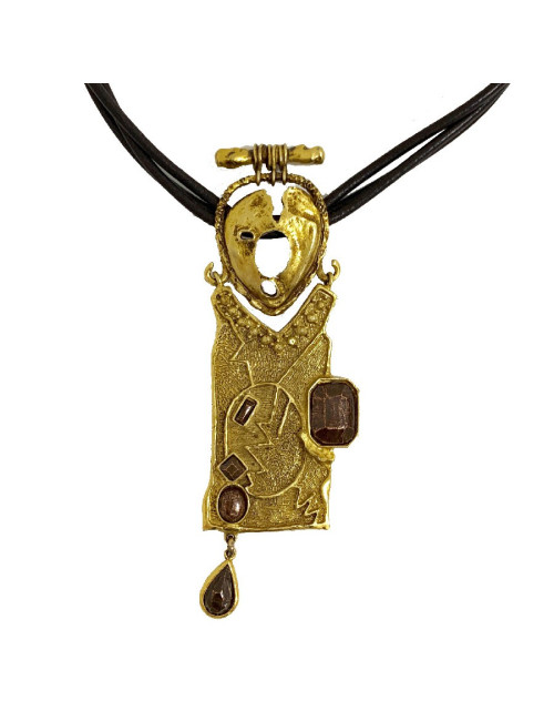 Collier CHRISTIAN LACROIX Vintage en cuir marron et pendentif doré