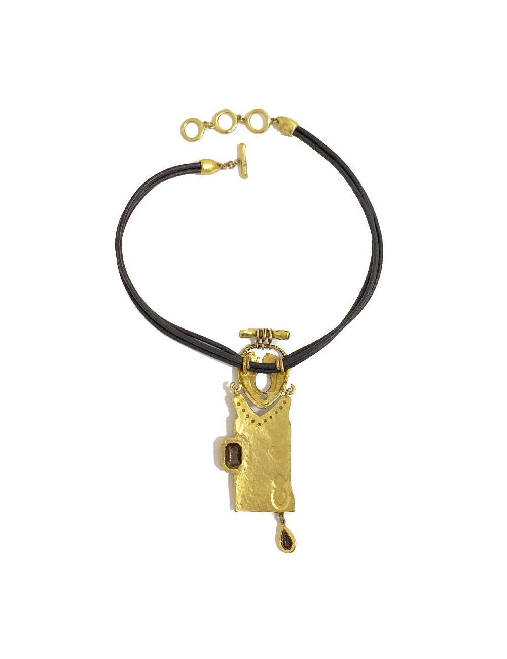 Collier CHRISTIAN LACROIX Vintage en cuir marron et pendentif doré