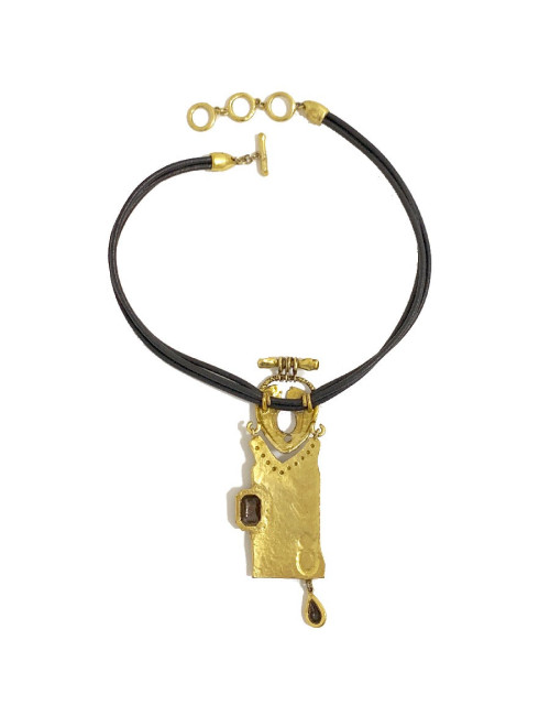 Collier CHRISTIAN LACROIX Vintage en cuir marron et pendentif doré