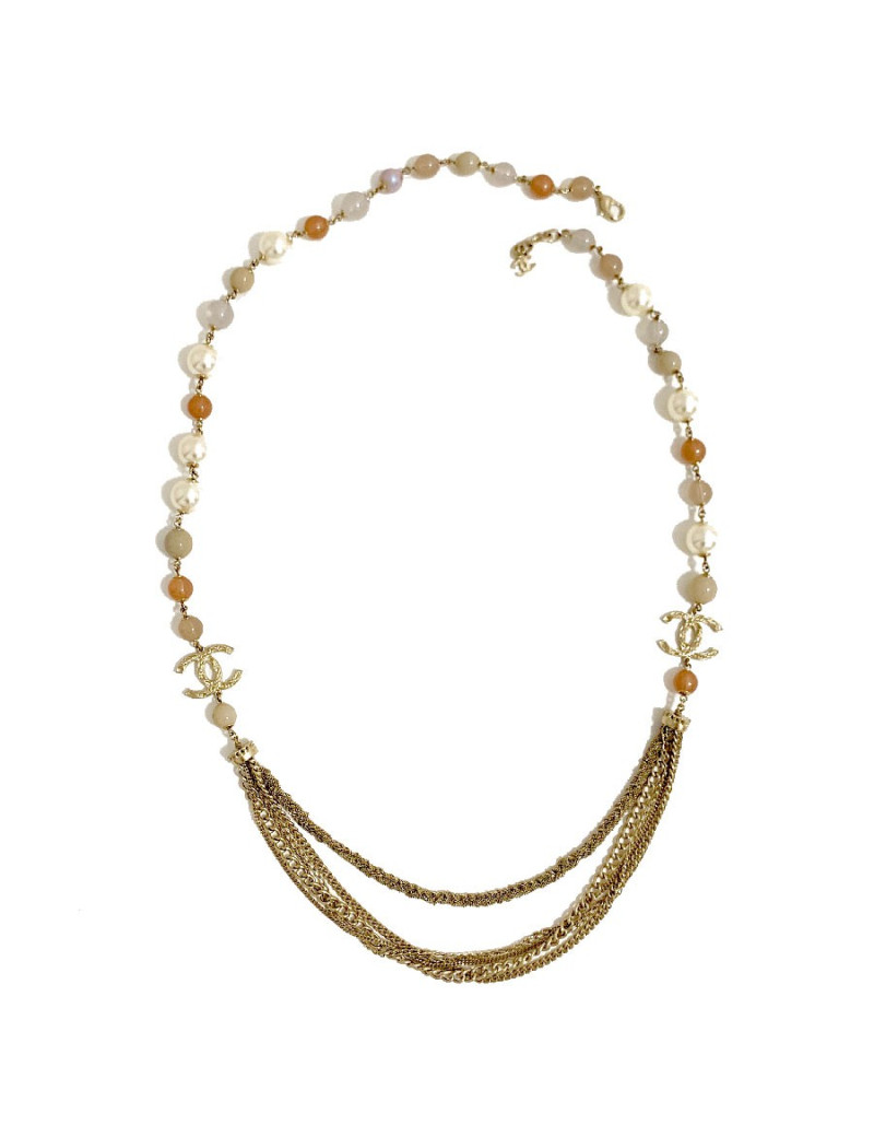 Sautoir CHANEL multichaines perles nacrées rose et transparent 