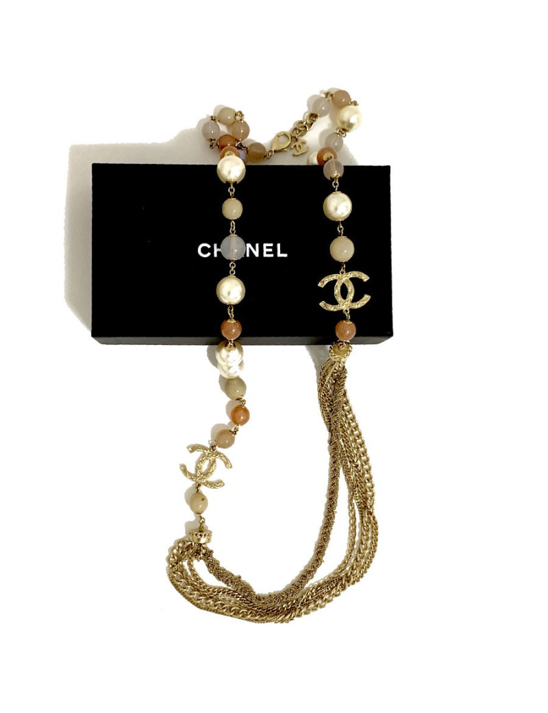 Sautoir multichaines  CHANEL perles nacrées rose  et transparent 