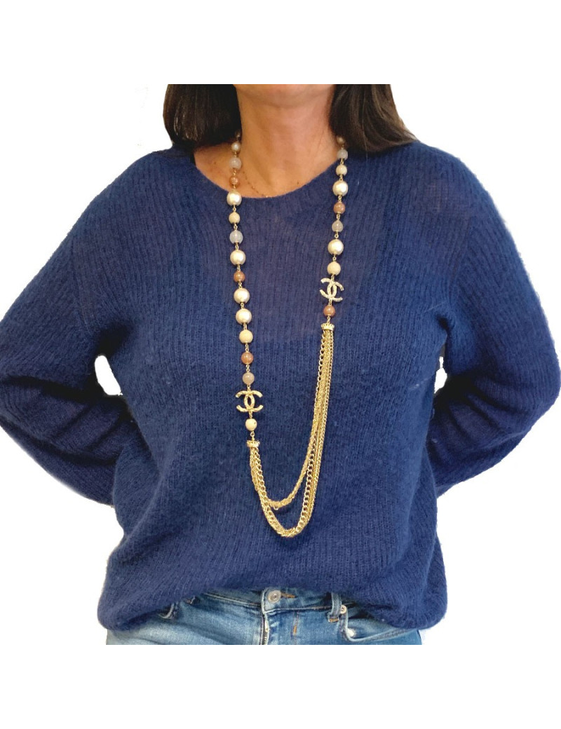 Sautoir CHANEL multichaines perles nacrées rose et transparent 