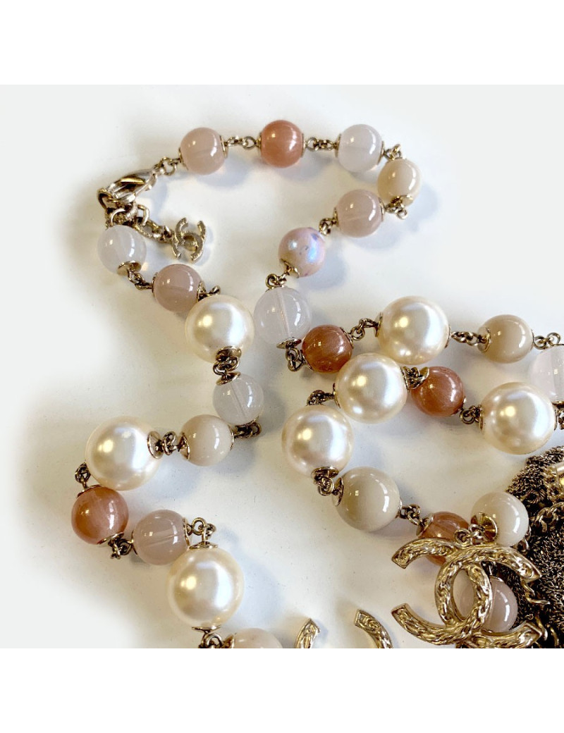 Sautoir CHANEL multichaines perles nacrées rose et transparent 