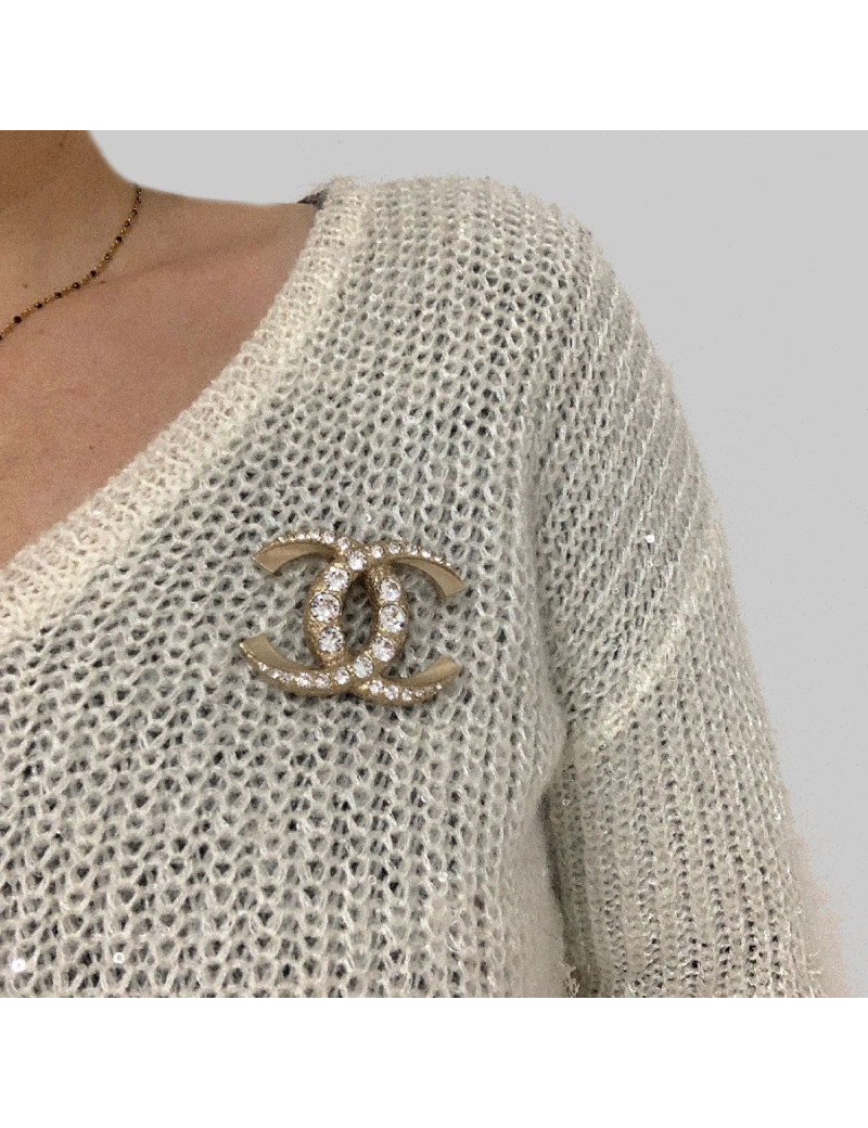 Broche CHANEL métal et strass CC doré