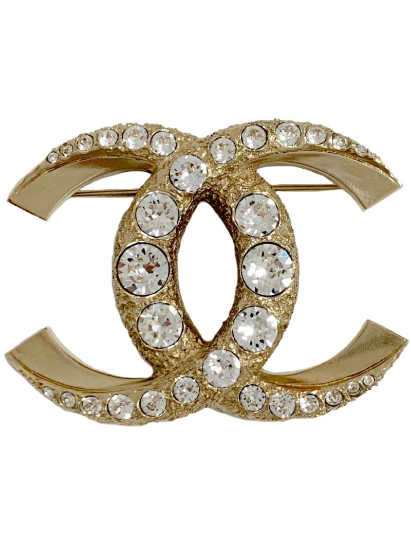 Broche CHANEL métal et strass CC doré