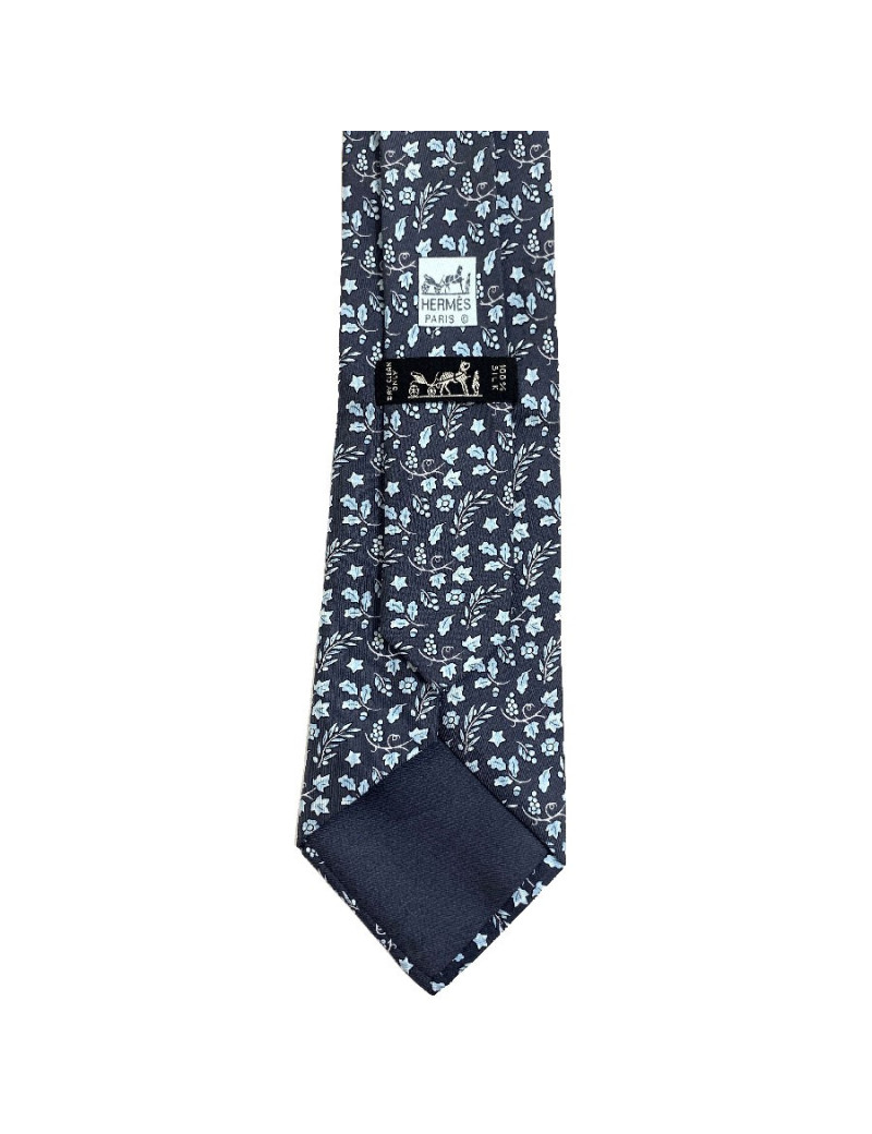 Cravate feuille HERMES en soie bleu gris
