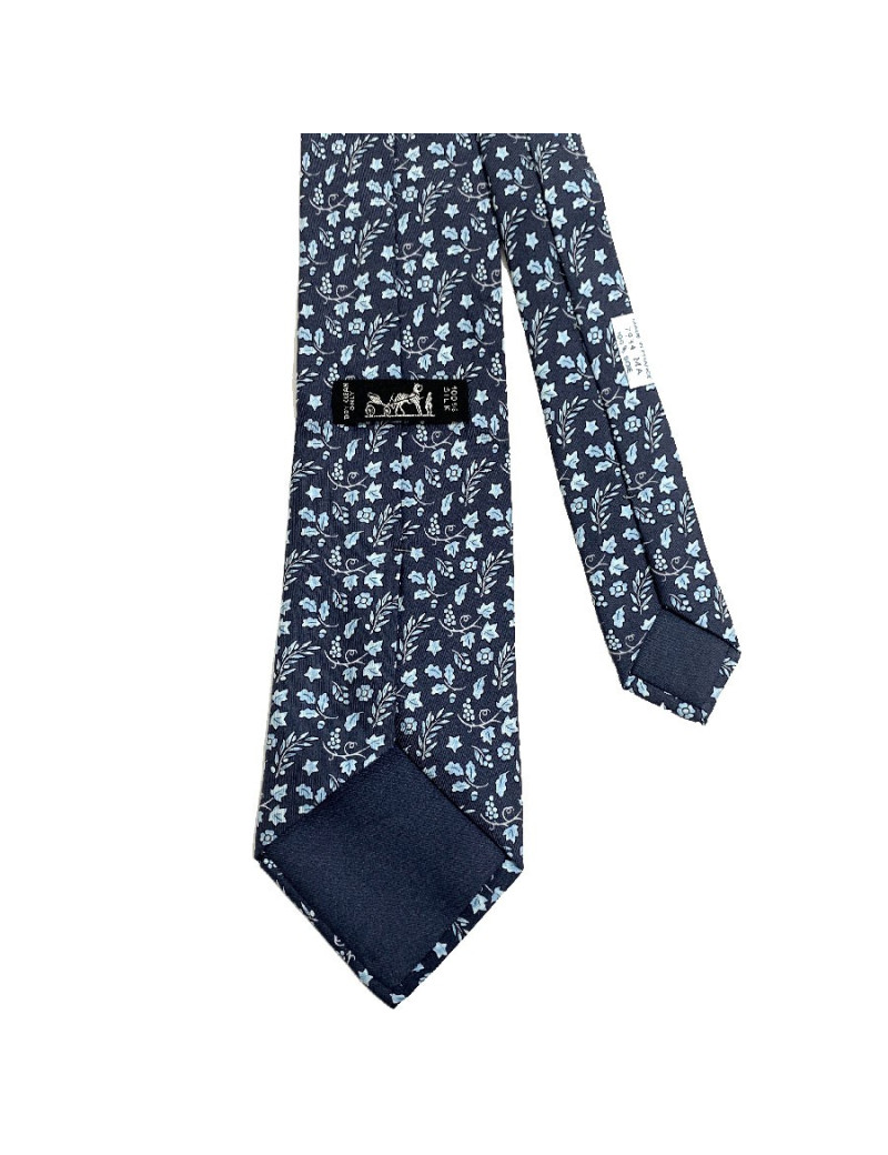 Cravate feuille HERMES en soie bleu gris