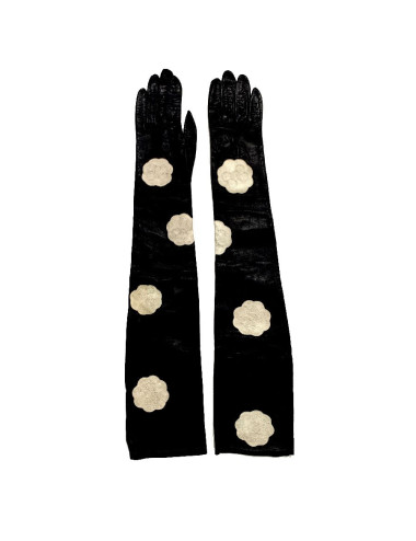 CHANEL white camellias and black lambskin long gloves