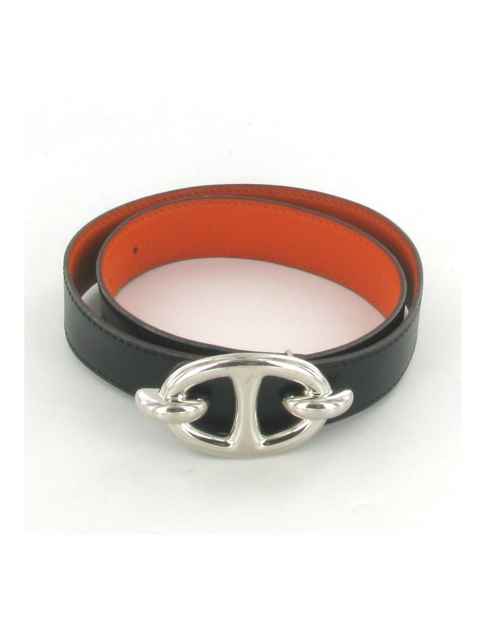 Ceinture HERMES Chaîne d'ancre cuir noir/orange T 80