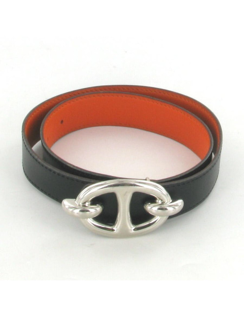 Ceinture HERMES Chaîne d'ancre cuir noir/orange T 80