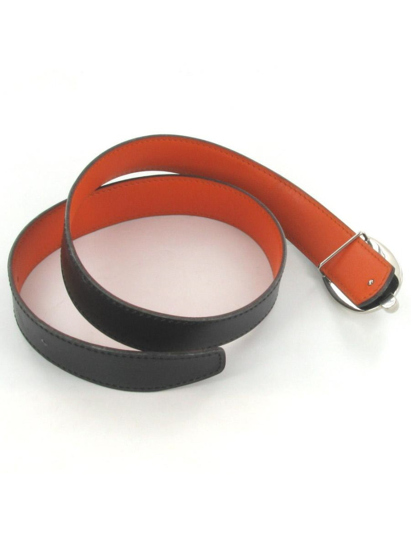 Ceinture HERMES cuir noir/orange T 68