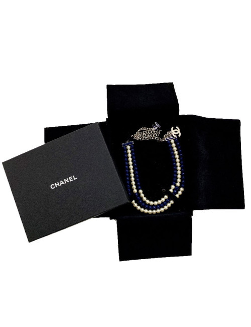 Sautoir CHANEL triple rangs perles bleues