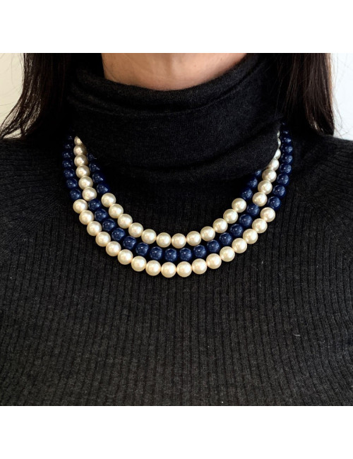 Sautoir CHANEL triple rangs perles bleues