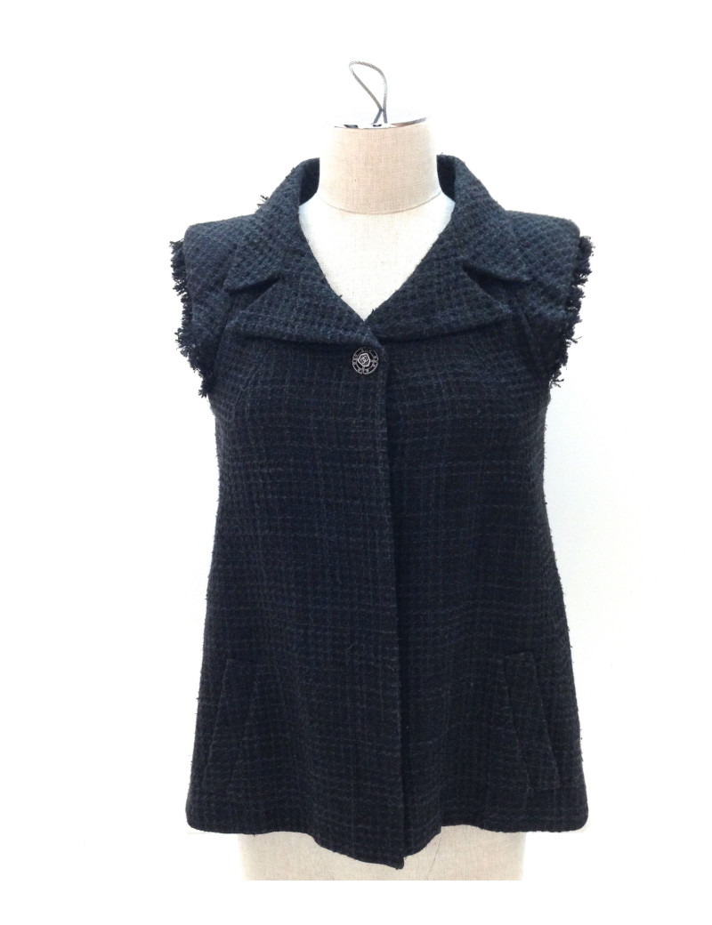 Veste CHANEL sans manches en tweed noir T 38 
