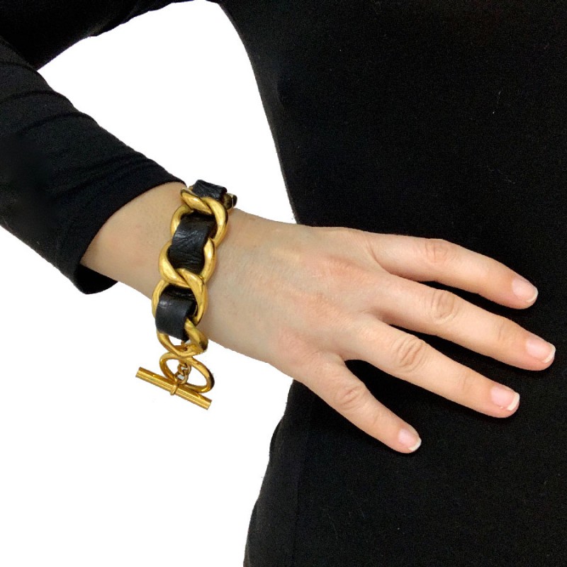 Chanel Vintage Gold Metal Black Lambskin Woven Chain Link Wide Cuff  Bracelet 1991 Available For Immediate Sale At Sothebys