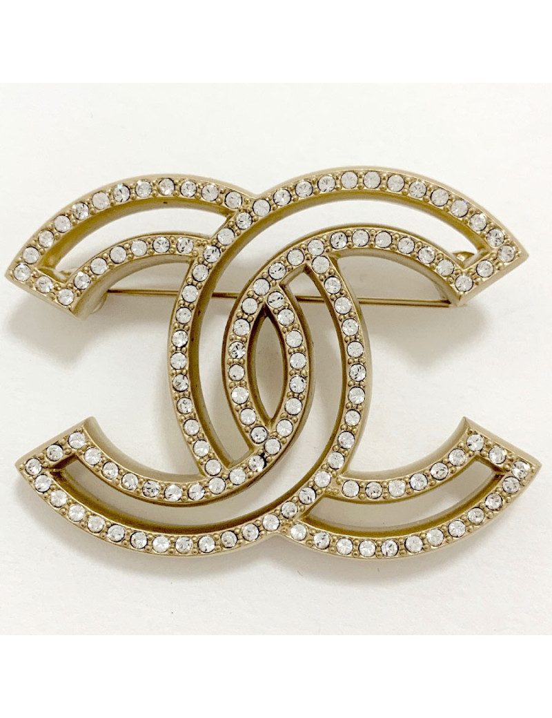 Broche CHANEL Double C strass et métal doré