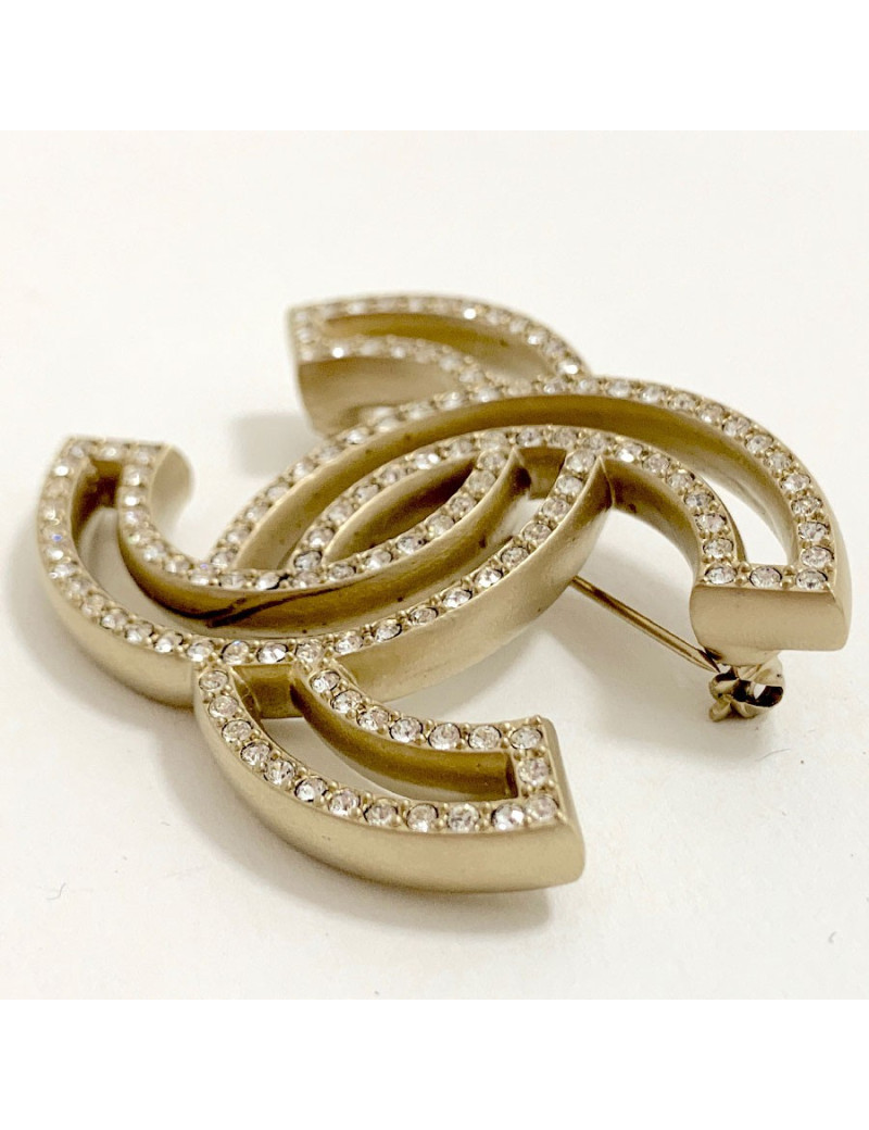 Broche CHANEL Double C strass et métal doré