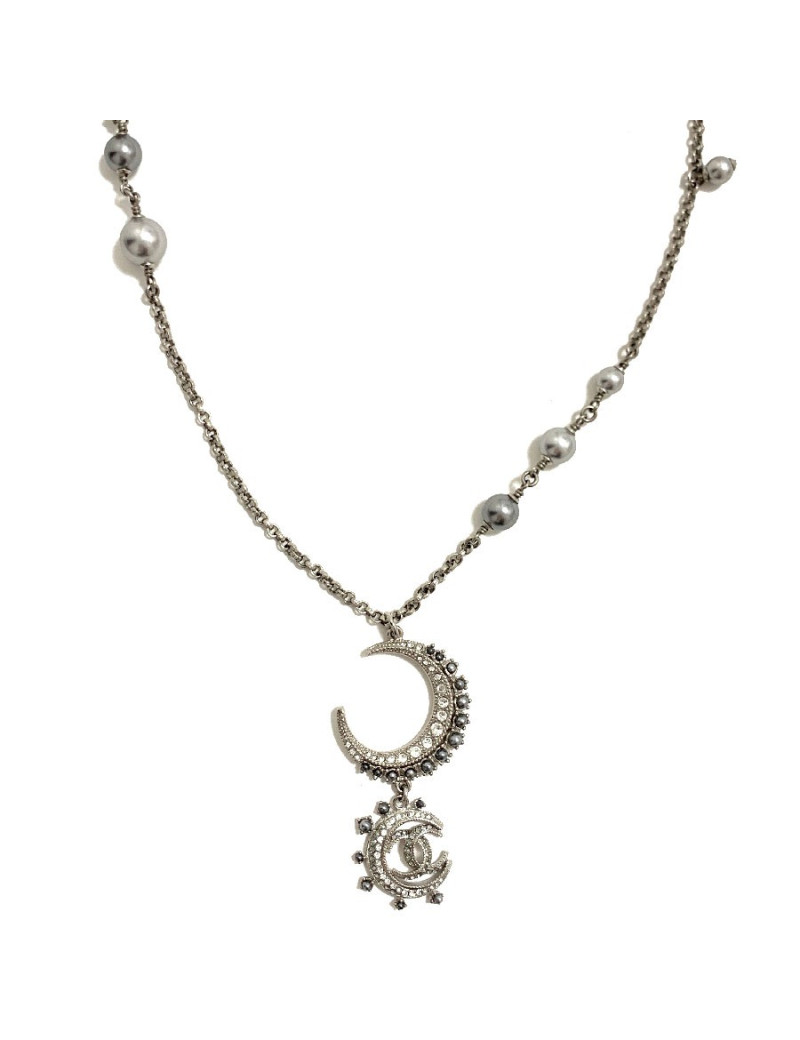 Sautoir CHANEL métal argent et strass