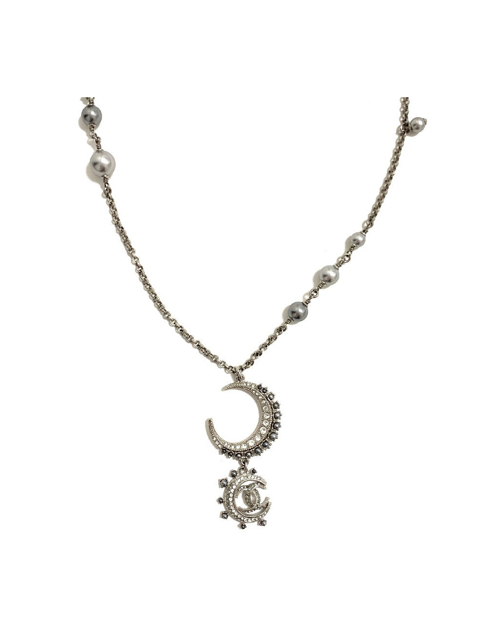 Sautoir CHANEL métal argent et strass